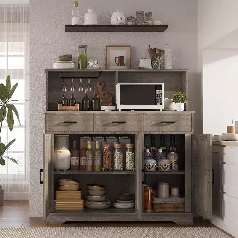 Aparador rústico con soporte para microondas, armario de almacenamiento con cajones y estantes, mueble de barra de café con vitrina