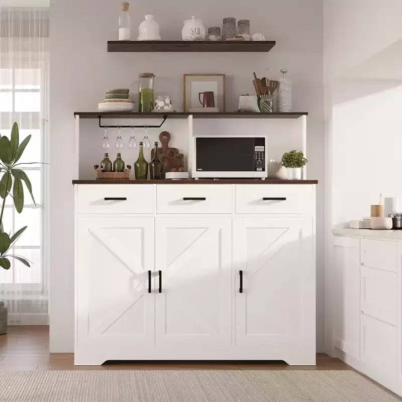 Aparador rústico con soporte para microondas, armario de almacenamiento con cajones y estantes, mueble de barra de café con vitrina