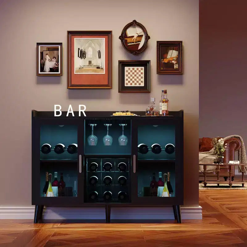 Mueble Vinoteca Independiente, Aparador de Cocina y Aparador Buffet para Cafetería con Soporte para Copas, con Puerta de Cristal para Sala de Estar, Comedor