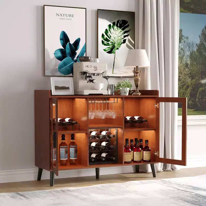 Mueble Vinoteca Independiente, Aparador de Cocina y Aparador Buffet para Cafetería con Soporte para Copas, con Puerta de Cristal para Sala de Estar, Comedor
