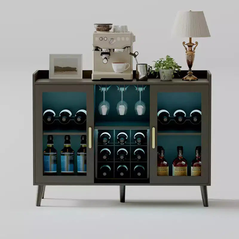 Freestanding Wine Bar Cabinet , Kitchen Sideboard and Buffet Cabinet Coffee Bar with Glass Holder, with Glass Door for Living Room, Dining Room