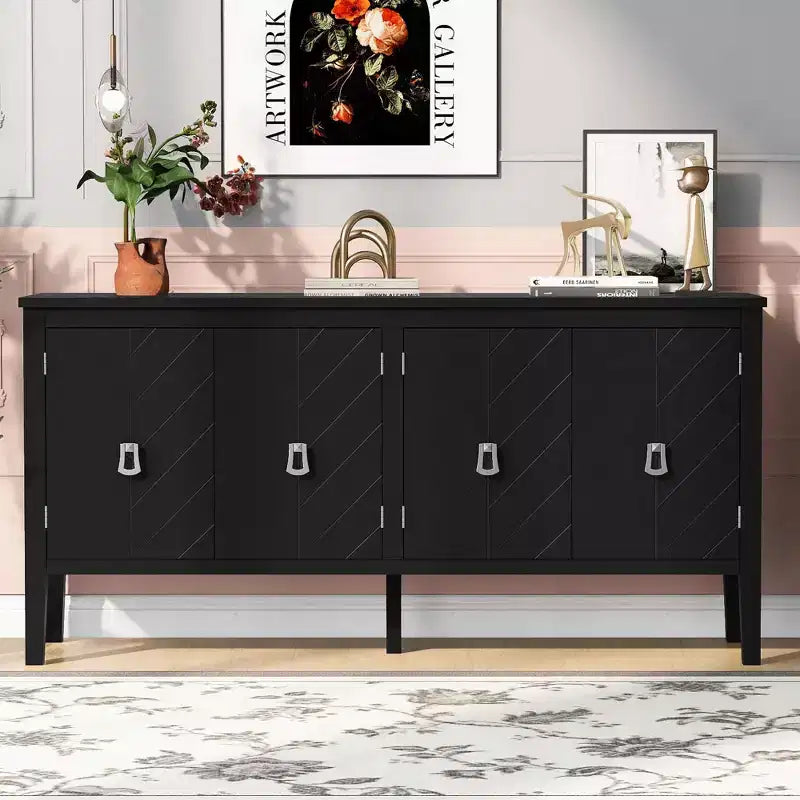 TUYOHW 63 4-Door Sideboard Cabinet,Cupboard with Geometric Patterned Doors,Metal Handles,Adjustable Shelves,Console Table for Living Room,Dining Room