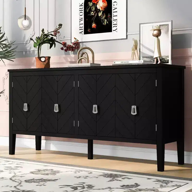 Aparador de 63 pulgadas con 4 puertas, armario con puertas de patrón geométrico, manijas de metal, estantes ajustables, mesa consola para sala de estar, comedor