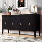 Aparador de 63 pulgadas con 4 puertas, armario con puertas de patrón geométrico, manijas de metal, estantes ajustables, mesa consola para sala de estar, comedor