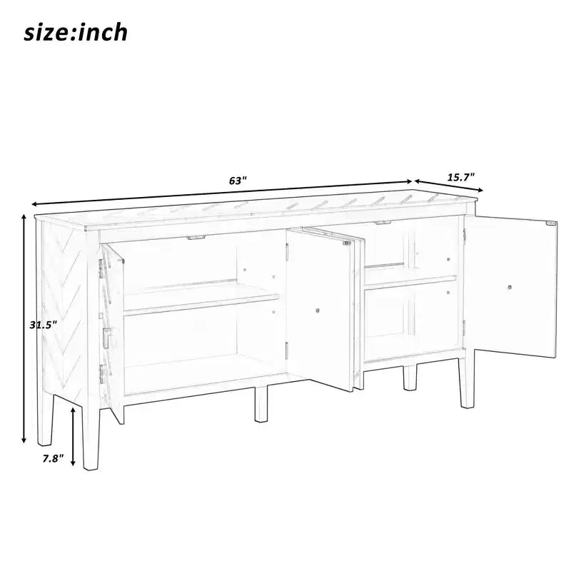 Aparador de 63 pulgadas con 4 puertas, armario con puertas de patrón geométrico, manijas de metal, estantes ajustables, mesa consola para sala de estar, comedor