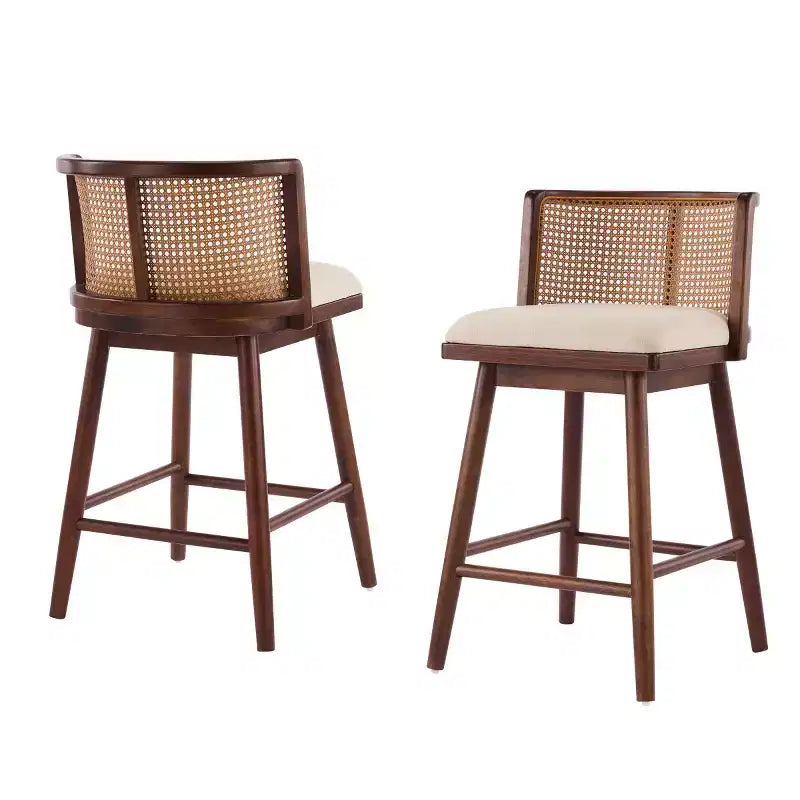 Juego de 2 Taburetes Altos de Madera con Respaldo de Ratán, Sillas de Mostrador Tapizadas en Beige para Isla de Cocina, Bar en Casa o Restaurante