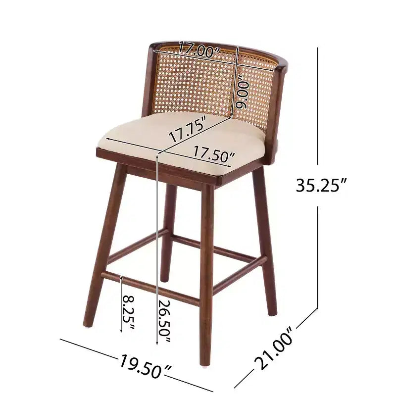 Juego de 2 Taburetes Altos de Madera con Respaldo de Ratán, Sillas de Mostrador Tapizadas en Beige para Isla de Cocina, Bar en Casa o Restaurante