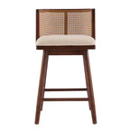 Juego de 2 Taburetes Altos de Madera con Respaldo de Ratán, Sillas de Mostrador Tapizadas en Beige para Isla de Cocina, Bar en Casa o Restaurante
