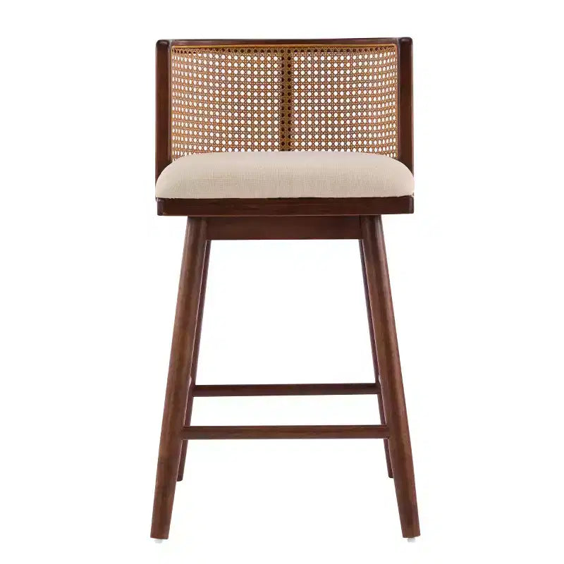 Juego de 2 Taburetes Altos de Madera con Respaldo de Ratán, Sillas de Mostrador Tapizadas en Beige para Isla de Cocina, Bar en Casa o Restaurante