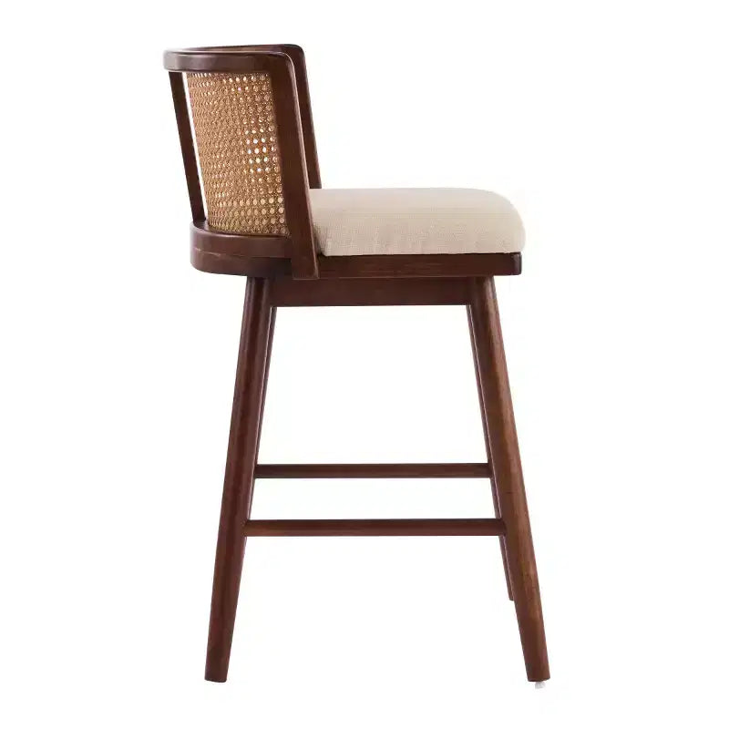 Juego de 2 Taburetes Altos de Madera con Respaldo de Ratán, Sillas de Mostrador Tapizadas en Beige para Isla de Cocina, Bar en Casa o Restaurante