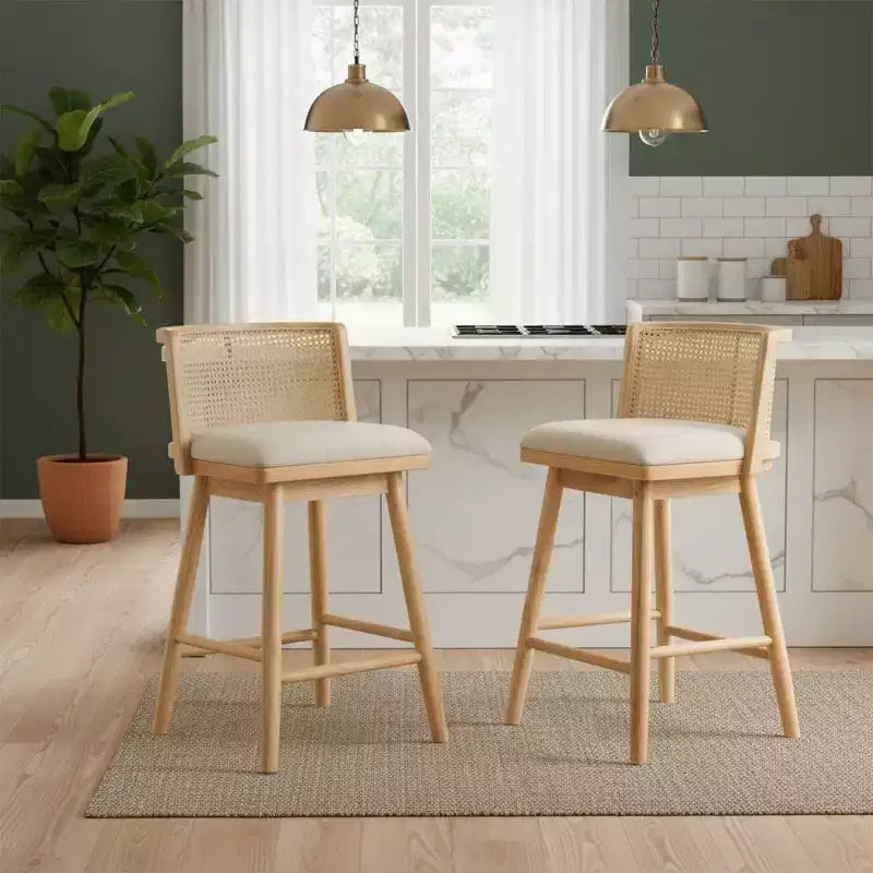 Juego de 2 Taburetes Altos de Madera con Respaldo de Ratán, Sillas de Mostrador Tapizadas en Beige para Isla de Cocina, Bar en Casa o Restaurante