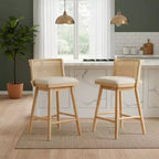Juego de 2 Taburetes Altos de Madera con Respaldo de Ratán, Sillas de Mostrador Tapizadas en Beige para Isla de Cocina, Bar en Casa o Restaurante