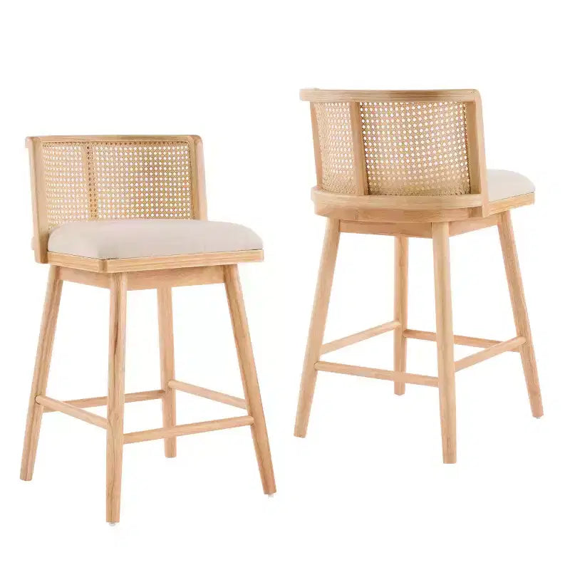 Juego de 2 Taburetes Altos de Madera con Respaldo de Ratán, Sillas de Mostrador Tapizadas en Beige para Isla de Cocina, Bar en Casa o Restaurante