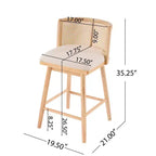 Juego de 2 Taburetes Altos de Madera con Respaldo de Ratán, Sillas de Mostrador Tapizadas en Beige para Isla de Cocina, Bar en Casa o Restaurante