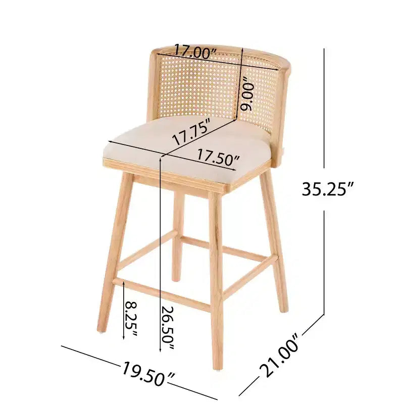 Juego de 2 Taburetes Altos de Madera con Respaldo de Ratán, Sillas de Mostrador Tapizadas en Beige para Isla de Cocina, Bar en Casa o Restaurante