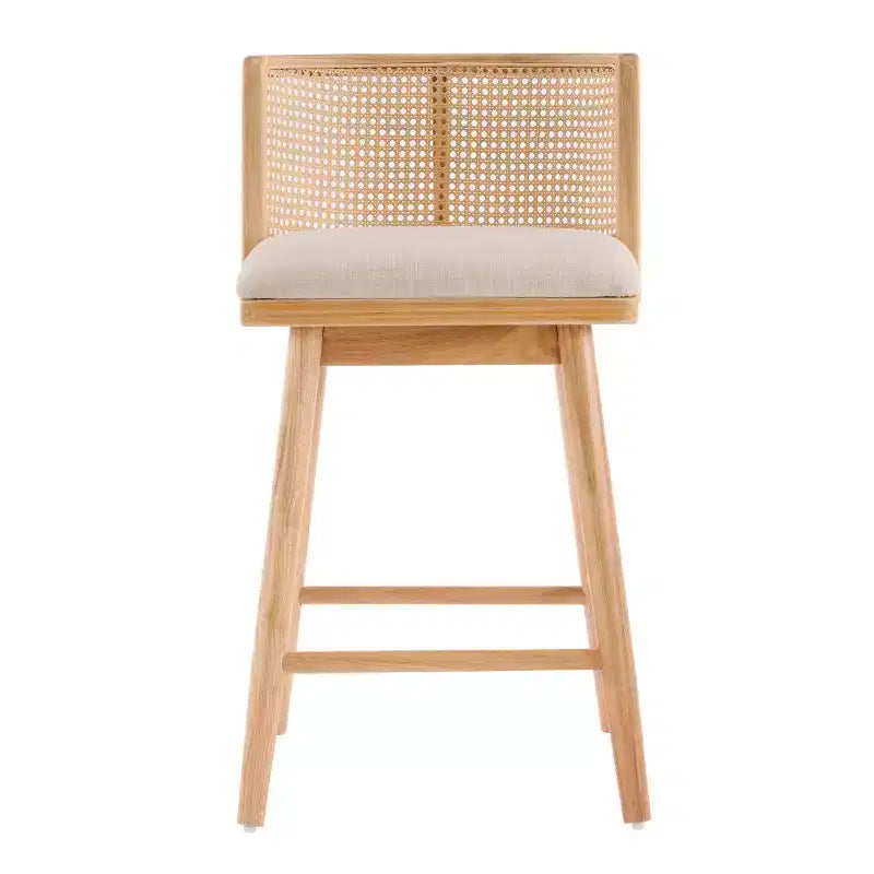 Juego de 2 Taburetes Altos de Madera con Respaldo de Ratán, Sillas de Mostrador Tapizadas en Beige para Isla de Cocina, Bar en Casa o Restaurante