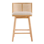 Juego de 2 Taburetes Altos de Madera con Respaldo de Ratán, Sillas de Mostrador Tapizadas en Beige para Isla de Cocina, Bar en Casa o Restaurante