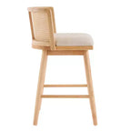 Juego de 2 Taburetes Altos de Madera con Respaldo de Ratán, Sillas de Mostrador Tapizadas en Beige para Isla de Cocina, Bar en Casa o Restaurante