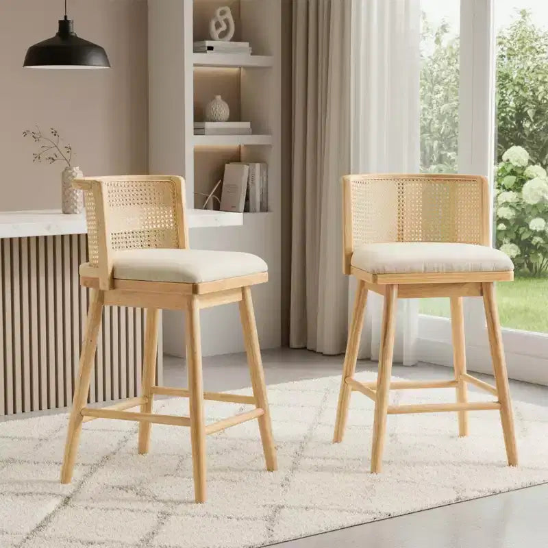 Set of 2 Wooden Counter Height Stools with Ratton Back, Beige Upholstery Counter Chairs for Kitchen Island, Home Bar, or Restaurant-Panipeachy