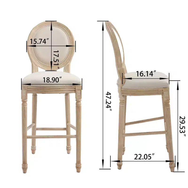 Juego de 2 sillas de bar de estilo rústico francés de 30, respaldo redondo tapizado, talla de alambre, desmontable, beige