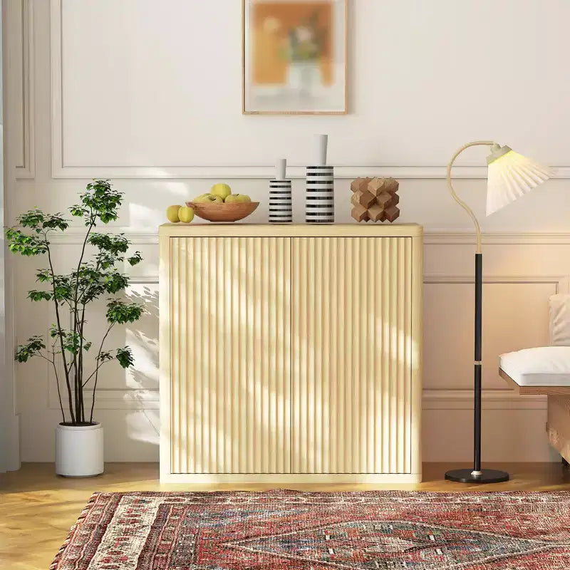 34 Sideboard Buffet Cabinet, Wood Entryway Coffee Bar Cabinet, Fluted Floor Cupboard with Adjustable Shelves, Media Console Table for Living Room