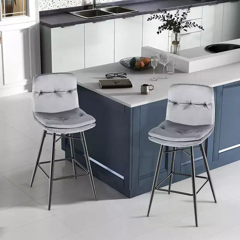 Juego de 2 Taburetes de Bar de Terciopelo, Sillas de Comedor de Cocina de Altura de Bar con Patas de Metal, Azul/Gris