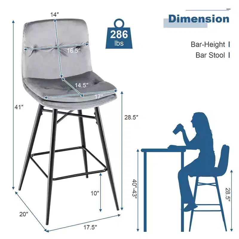 Juego de 2 Taburetes de Bar de Terciopelo, Sillas de Comedor de Cocina de Altura de Bar con Patas de Metal, Azul/Gris