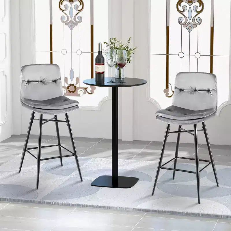 Juego de 2 Taburetes de Bar de Terciopelo, Sillas de Comedor de Cocina de Altura de Bar con Patas de Metal, Azul/Gris