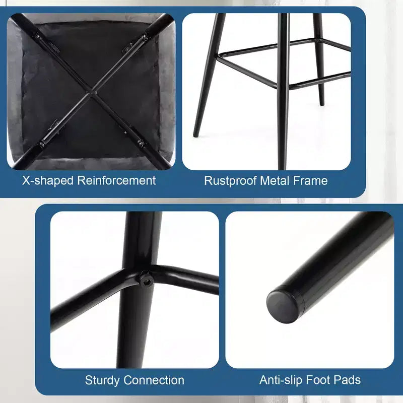 Juego de 2 Taburetes de Bar de Terciopelo, Sillas de Comedor de Cocina de Altura de Bar con Patas de Metal, Azul/Gris