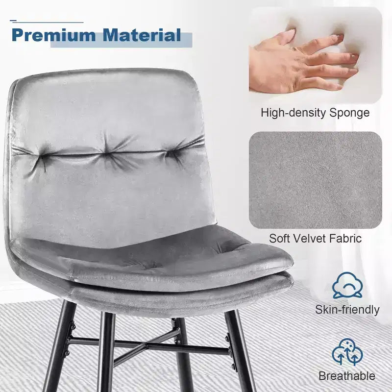 Juego de 2 Taburetes de Bar de Terciopelo, Sillas de Comedor de Cocina de Altura de Bar con Patas de Metal, Azul/Gris