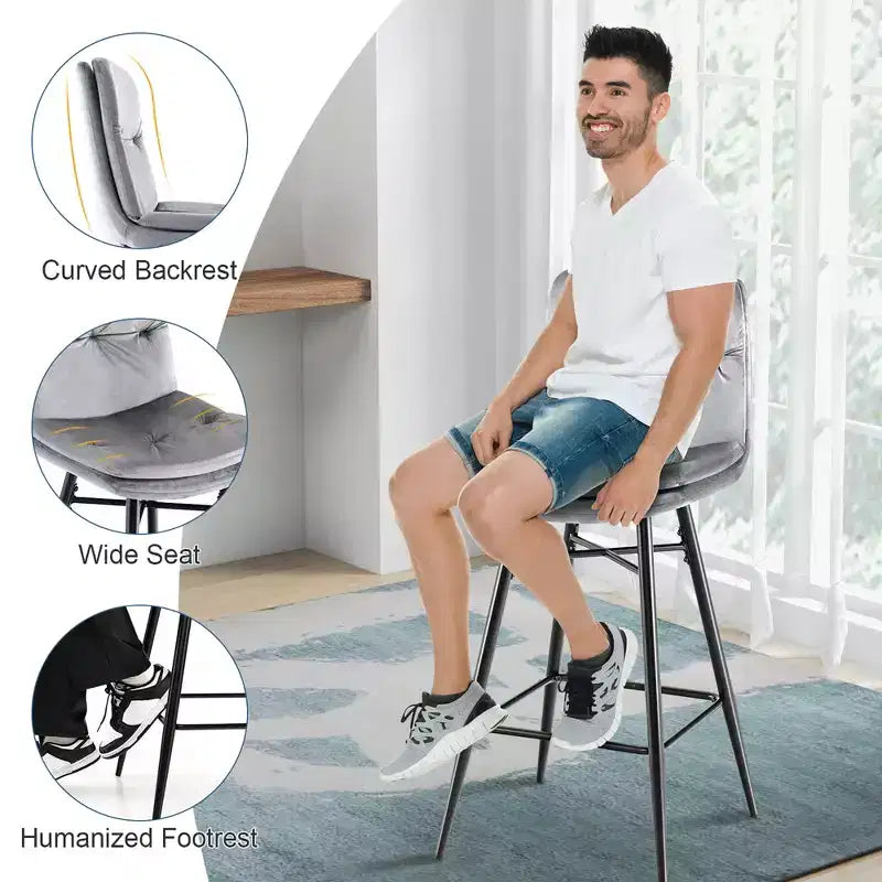 Juego de 2 Taburetes de Bar de Terciopelo, Sillas de Comedor de Cocina de Altura de Bar con Patas de Metal, Azul/Gris