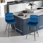 Juego de 2 Taburetes de Bar de Terciopelo, Sillas de Comedor de Cocina de Altura de Bar con Patas de Metal, Azul/Gris