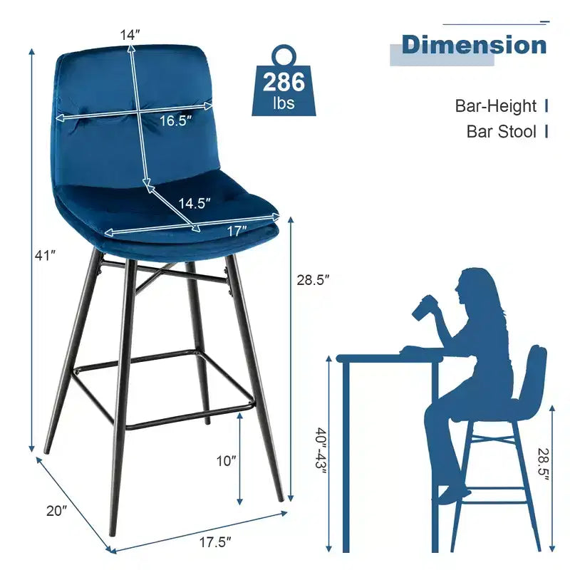 Juego de 2 Taburetes de Bar de Terciopelo, Sillas de Comedor de Cocina de Altura de Bar con Patas de Metal, Azul/Gris