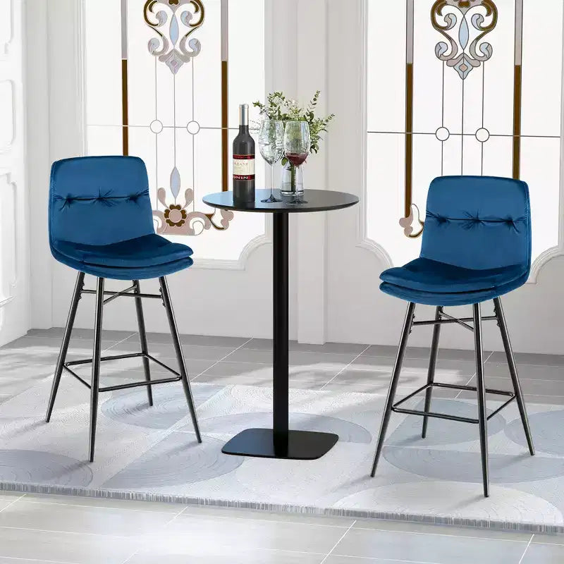 Juego de 2 Taburetes de Bar de Terciopelo, Sillas de Comedor de Cocina de Altura de Bar con Patas de Metal, Azul/Gris