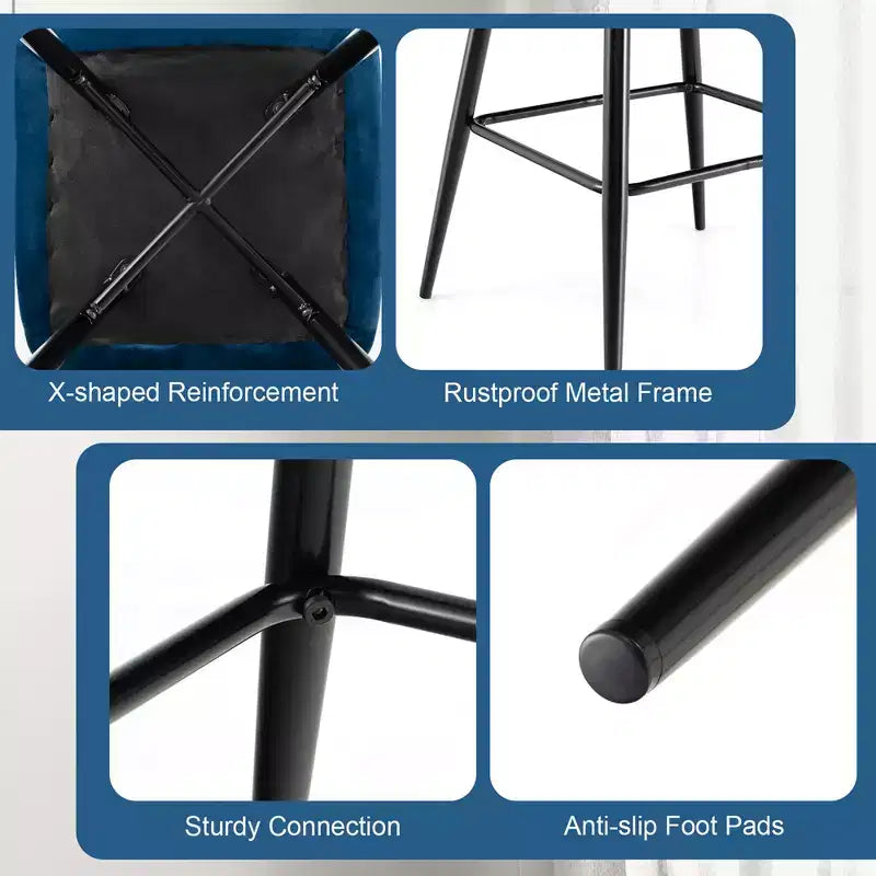 Juego de 2 Taburetes de Bar de Terciopelo, Sillas de Comedor de Cocina de Altura de Bar con Patas de Metal, Azul/Gris