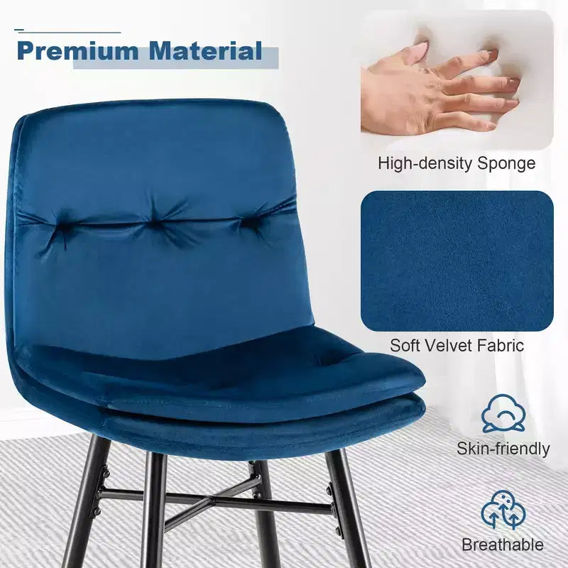 Juego de 2 Taburetes de Bar de Terciopelo, Sillas de Comedor de Cocina de Altura de Bar con Patas de Metal, Azul/Gris