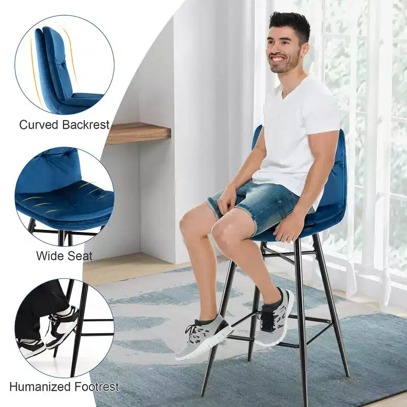 Juego de 2 Taburetes de Bar de Terciopelo, Sillas de Comedor de Cocina de Altura de Bar con Patas de Metal, Azul/Gris