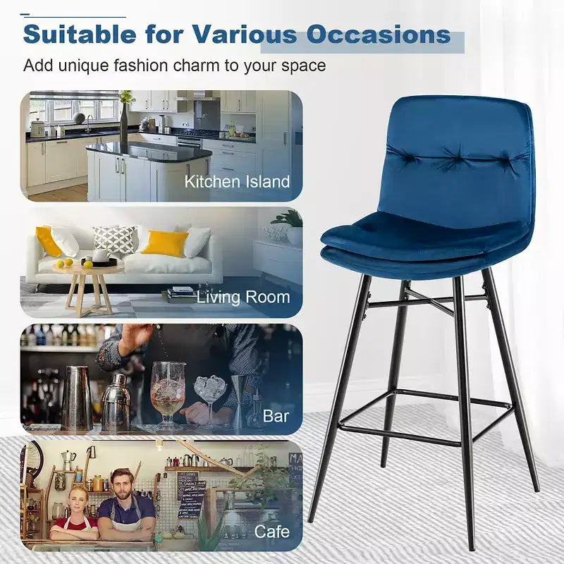 Juego de 2 Taburetes de Bar de Terciopelo, Sillas de Comedor de Cocina de Altura de Bar con Patas de Metal, Azul/Gris