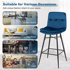 Juego de 2 Taburetes de Bar de Terciopelo, Sillas de Comedor de Cocina de Altura de Bar con Patas de Metal, Azul/Gris
