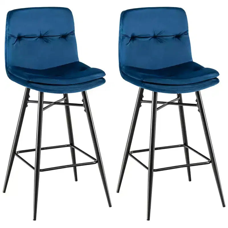 Costway Set of 2 Velvet Bar Stools Bar Height Kitchen Dining Chairs with Metal Legs Blue/Grey
